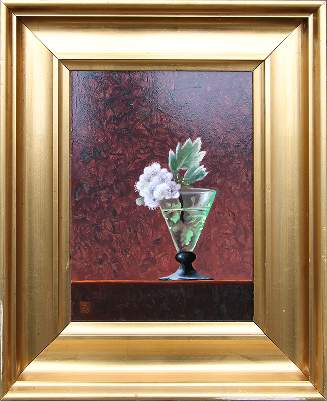 Stille forår Blomster af hvidtjørn i grønt vinglas Malerier Niels Erik Von Skovballe | Værker af Niels Erik Von Skovballe