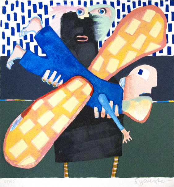 Den grå dame fanger en engel Kunst Leif Sylvester malerier | Køb malerier af Leif Sylvester her