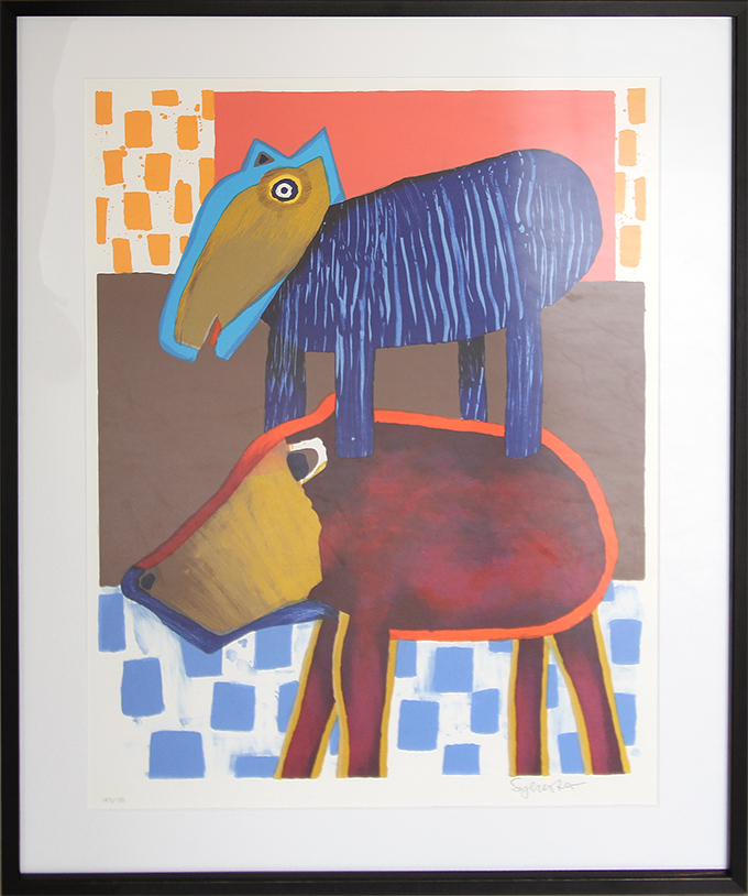 Blå hund på rød hund Litografier Leif Sylvester malerier | Køb malerier af Leif Sylvester her