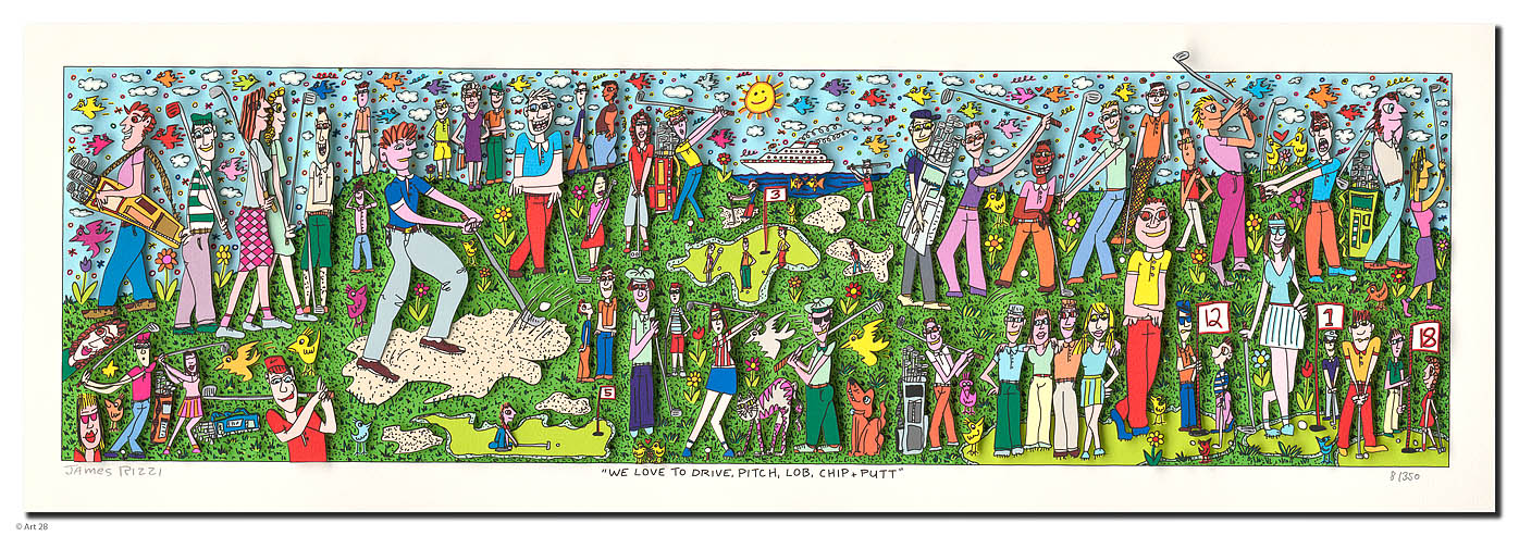 We love to drive, pitch, lob, chip, putt Kunst James Rizzi | Originale malerier af James Rizzi | Shop her