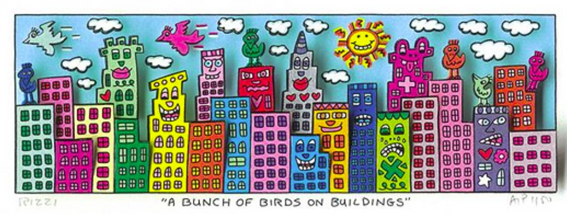 A bunch of birds on buildings Vægkunst James Rizzi | Originale malerier af James Rizzi | Shop her
