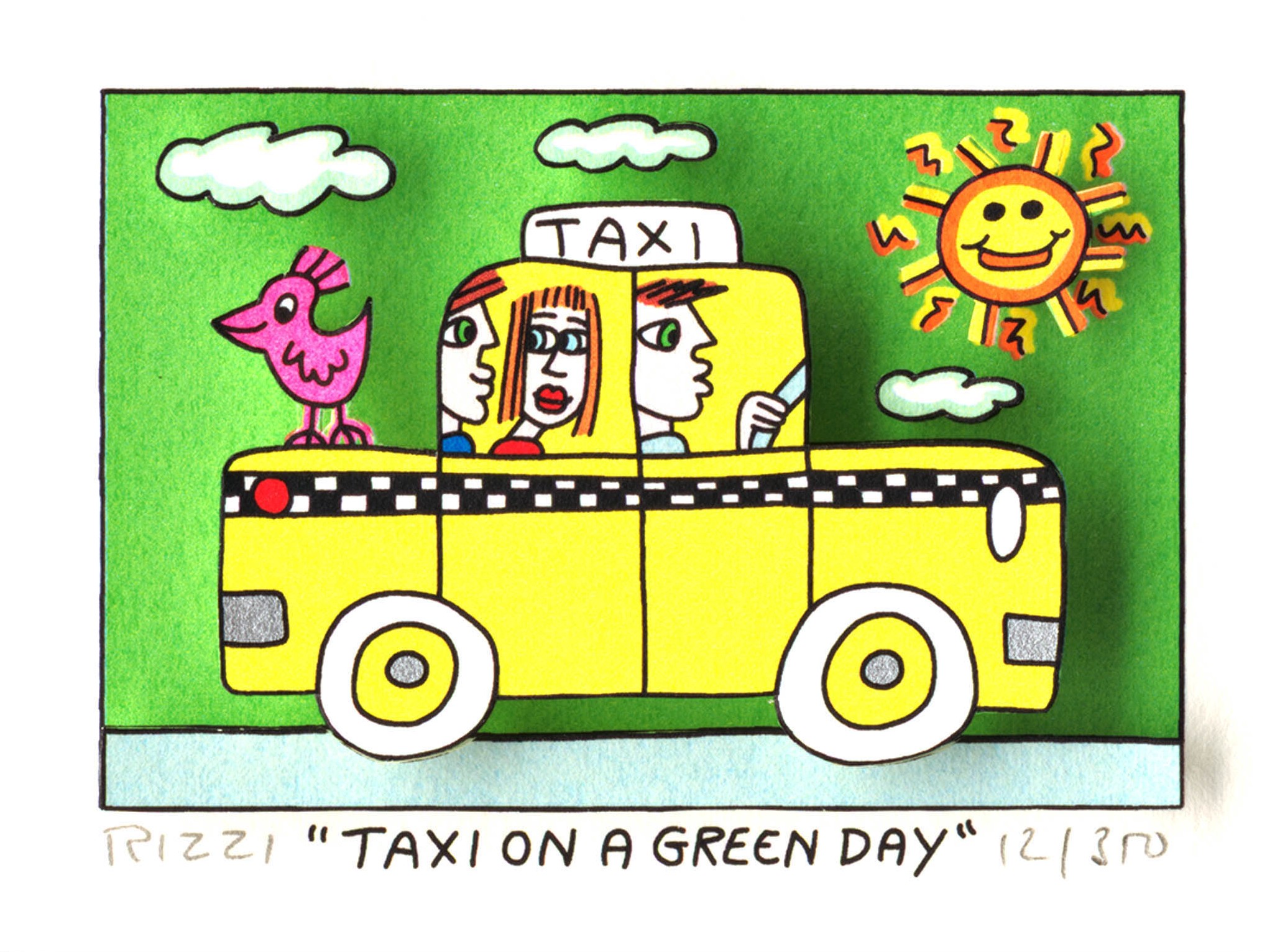 Taxi on a green day Kunst James Rizzi | Originale malerier af James Rizzi | Shop her