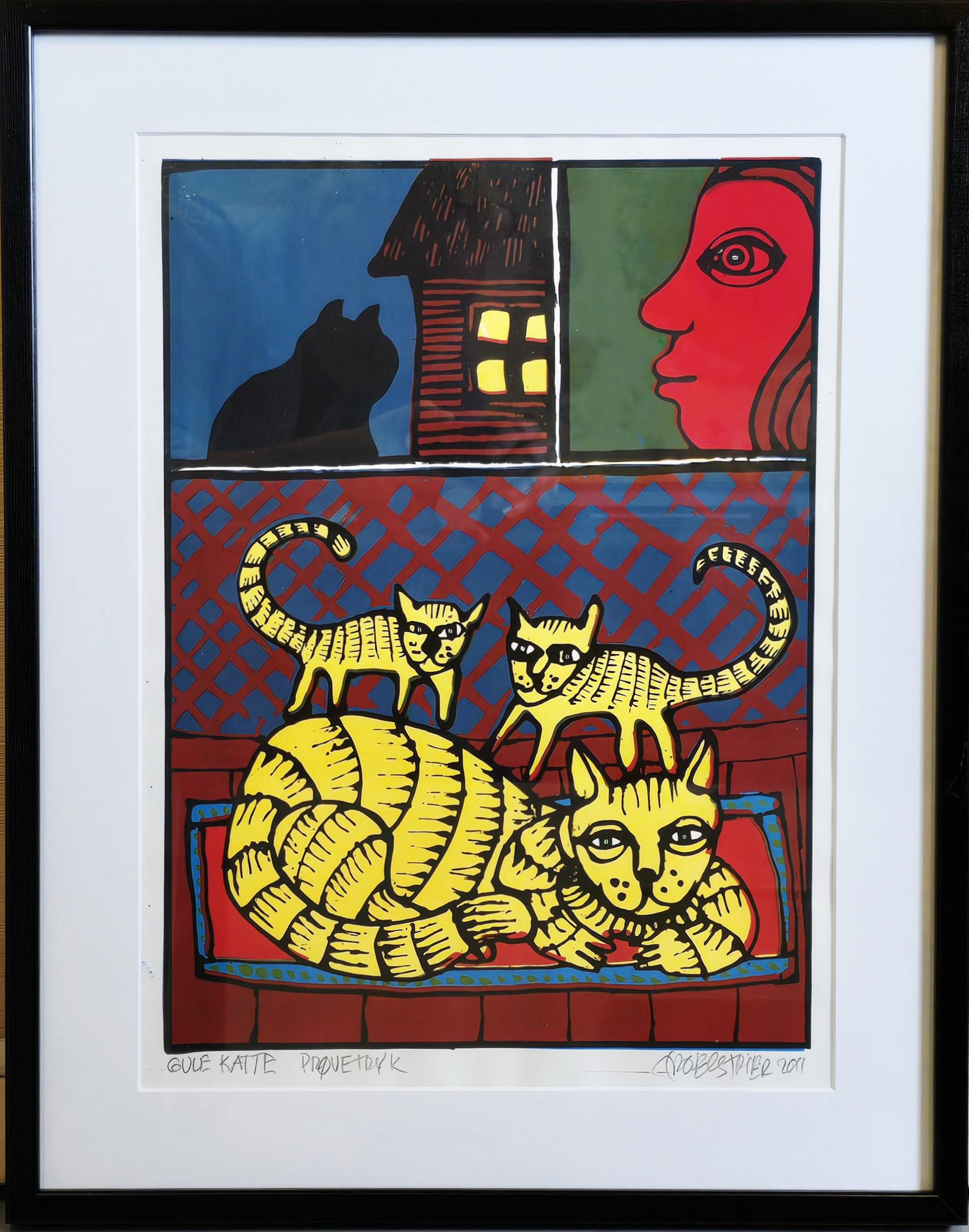 Gule katte - litografi af Troels Trier Kunst Troels Trier | Køb Troels Trier kunst og maleri - Unikt udvalg