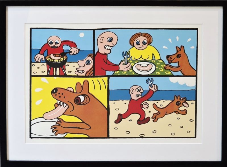 En hund efter pølse - litografi af Troels Trier Kunst Troels Trier | Køb Troels Trier kunst og maleri - Unikt udvalg