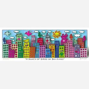 A bunch of birds on buildings
