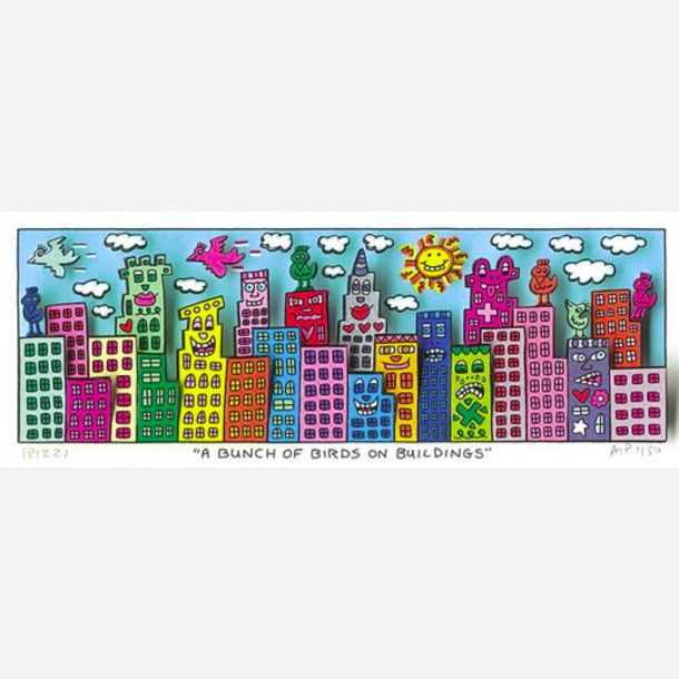 A bunch of birds on buildings