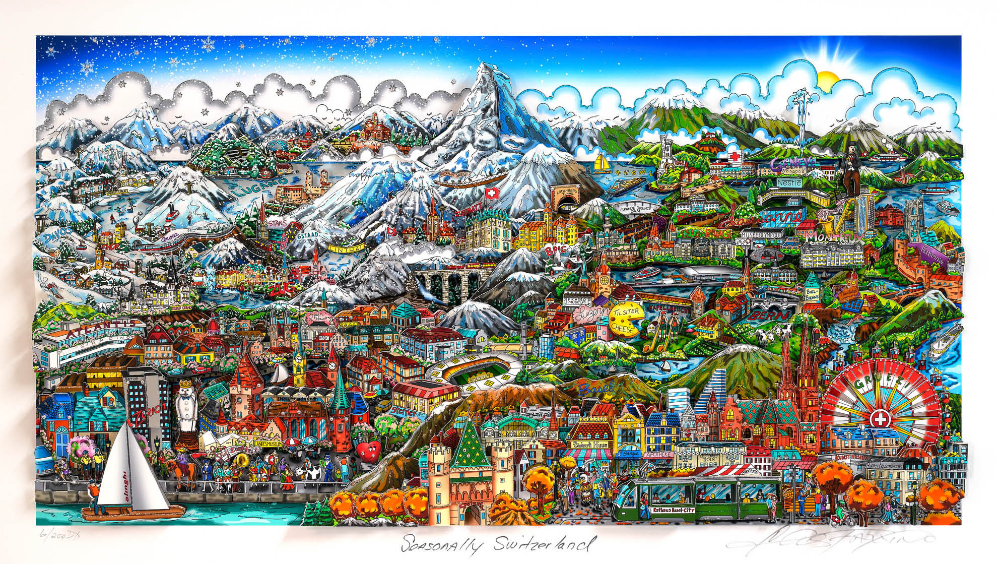 Seasonally Switzerland Vægkunst Charles Fazzino | Køb unikt Charles Fazzino kunst online