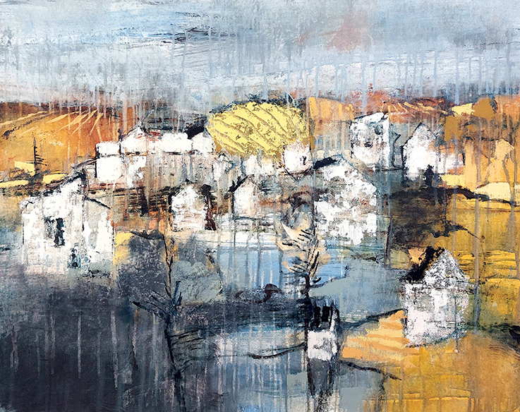 Houses around the lake Malerier Carsten Frank | Køb kunst og malerier fra Carsten frank | Unikt udvalg