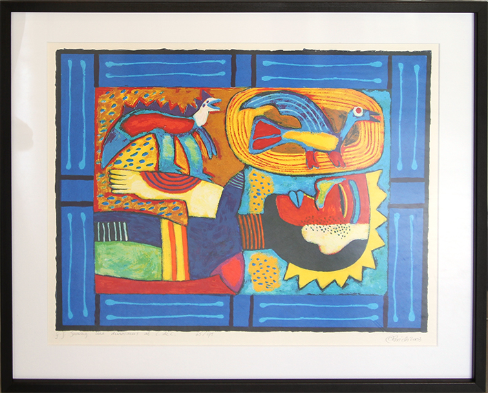 G J snoring like dinosaurs at C de C Litografier Clemens Briels | Køb unik kunst af Clemens Briels - Litografi