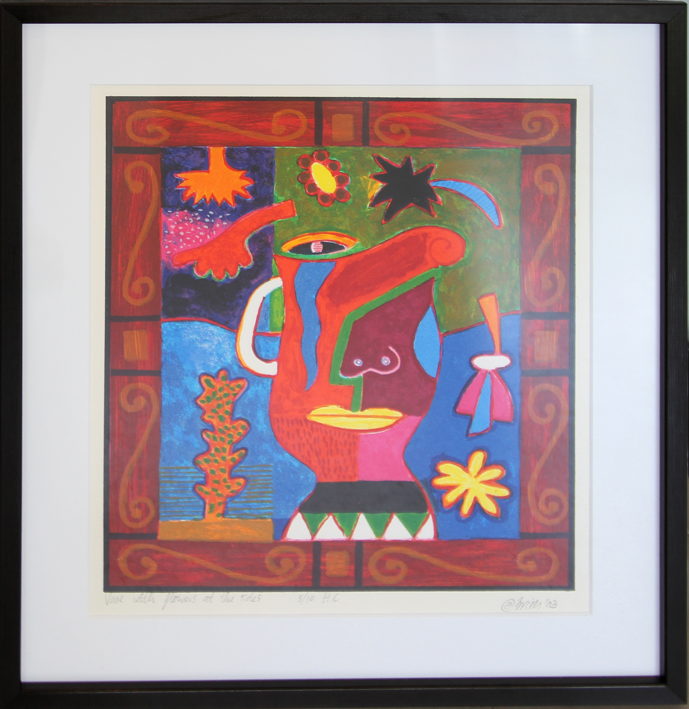 Vase with flowers at the sides Litografier Clemens Briels | Køb unik kunst af Clemens Briels - Litografi