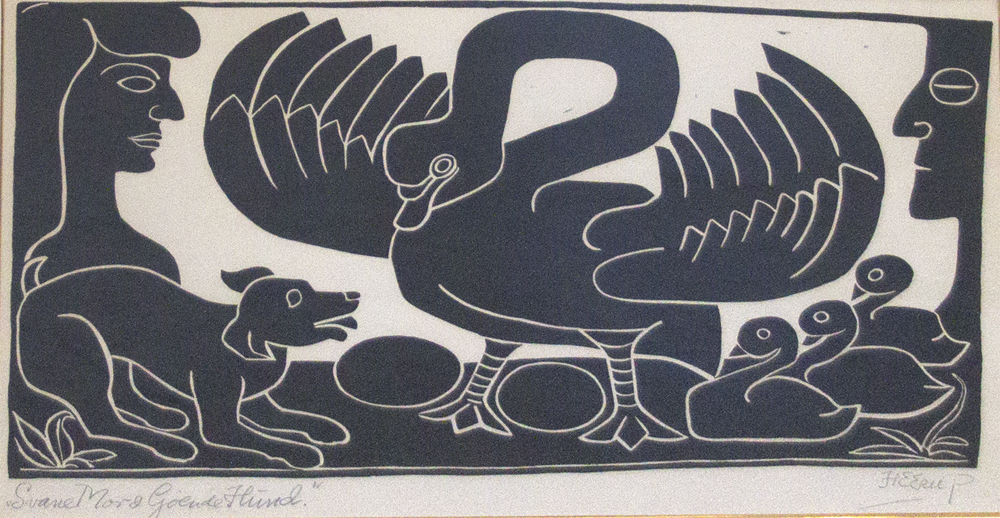 Svanemor og gøende hund Litografier Henry Heerup | Litografier og malerier af Henry Heerup