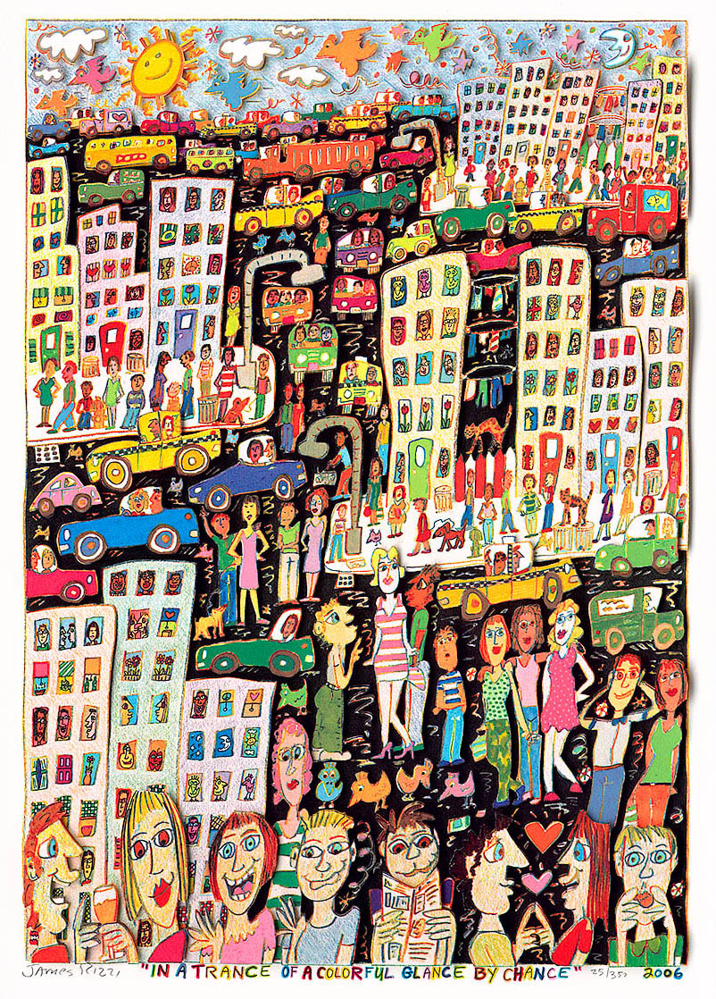 In a trance of a colorful glance by chance Vægkunst James Rizzi | Originale malerier af James Rizzi | Shop her