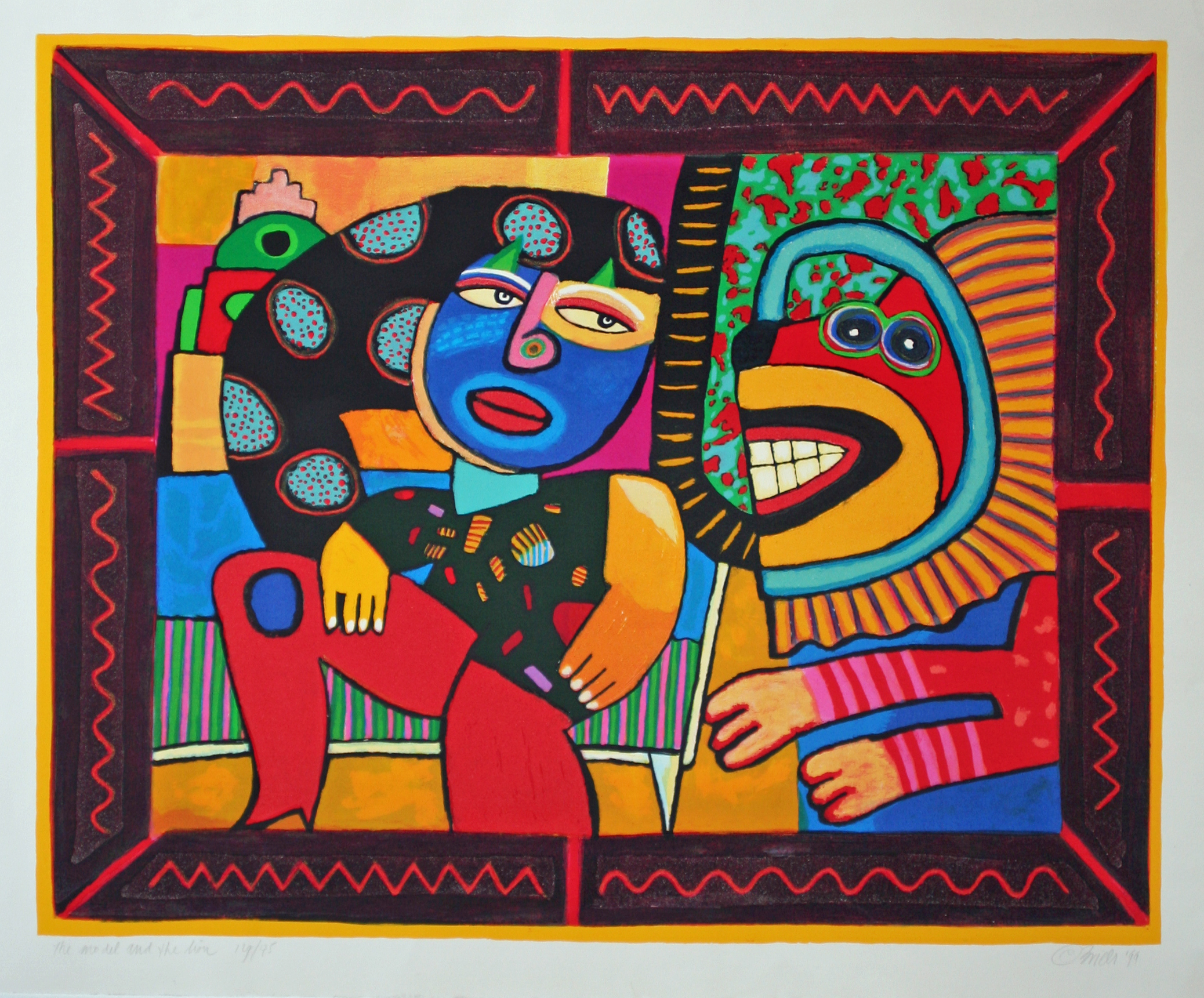 The model and the lion Litografier Clemens Briels | Køb unik kunst af Clemens Briels - Litografi